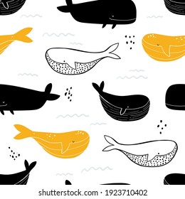 Vector de color infantil a mano sin fisuras repitiendo un simple patrón de doodle con ballenas en estilo escandinavo sobre un fondo blanco. Animales pequeños. Patrón para niños con ballenas. Diseño infantil.