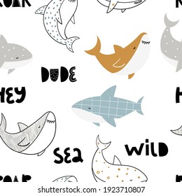 Vector hand-drawn colored childish seamless repeating simple doodle pattern with sharks in scandinavian style on a white background. Cute baby animals. Pattern for kids with sharks. Sea. Underwater.