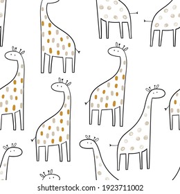 Vektorgrafik handgezeichnet kindisch nahtlos wiederholendes einfaches Muster mit süßen Giraffen im skandinavischen Stil auf weißem Hintergrund. Rutschtiere. Muster für Kinder mit Giraffen. Kinderdesign.