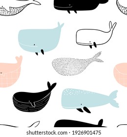 Vector hand-drawn colored childish seamless repeating simple doodle pattern with whales in scandinavian style on a white background. Cute baby animals. Pattern for kids with whales. Kids design.