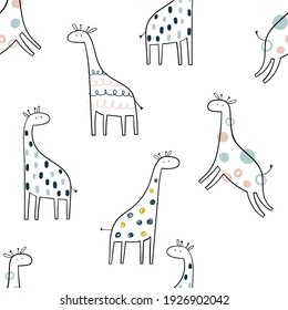 Vector hand-drawn colored childish seamless repeating simple pattern with cute giraffes in scandinavian style on a white background. Cute baby animals. Pattern for kids with giraffes. Kids design.