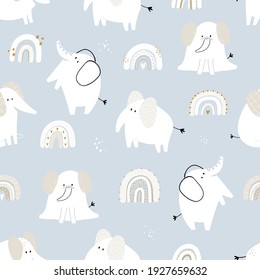 Vector hand-drawn colored childish seamless repeating simple flat pattern with cute elephants, rainbows in Scandinavian style on a blue background. Cute baby animals. Pattern for kids.