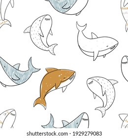 Vector hand-drawn colored childish seamless repeating simple doodle pattern with sharks in scandinavian style on a white background. Cute baby animals. Pattern for kids with sharks. Sea. Underwater.