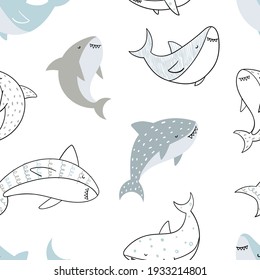 Vector hand-drawn colored childish seamless repeating simple doodle pattern with sharks in scandinavian style on a white background. Cute baby animals. Pattern for kids with sharks. Sea. Underwater.