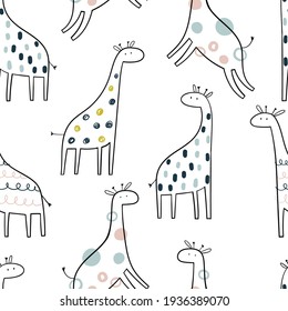 Vector de color infantil a mano sin costura repitiendo un patrón simple con tiernas tiernas en estilo escandinavo sobre un fondo blanco. Animales pequeños. Patrón para niños con jirafas. Diseño infantil.