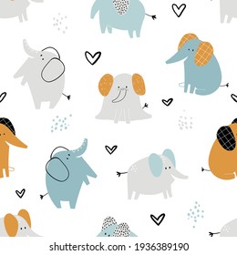 Vector hand-drawn colored childish seamless repeating simple flat pattern with cute elephants and in Scandinavian style on a white background. Cute baby animals. Pattern for kids.