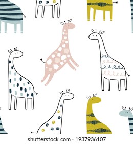Vector de color infantil a mano sin costura repitiendo un patrón simple con tiernas tiernas en estilo escandinavo sobre un fondo blanco. Animales pequeños. Patrón para niños con jirafas. Diseño infantil.