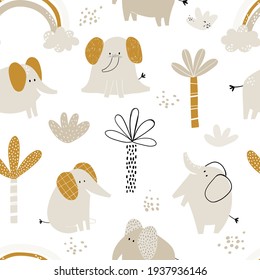 Vector hand-drawn colored childish seamless repeating simple flat pattern with elephants, plants and doodles in Scandinavian style on a white background. Cute baby animals. Pattern for kids.