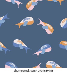 Vector hand-drawn colored childish seamless repeating simple flat pattern with whales in scandinavian style on a blue background. Cute baby animals. Pattern for kids with whales. Sea. Ocean.
