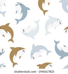 Vector hand-drawn colored childish seamless repeating simple doodle pattern with sharks in scandinavian style on a white background. Cute baby animals. Pattern for kids with sharks. Sea. Underwater.