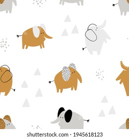 Vector hand-drawn colored childish seamless repeating simple flat pattern with cute elephants in Scandinavian style on a white background. Cute baby animals. Pattern for kids.