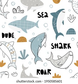 Vector hand-drawn colored childish seamless repeating simple doodle pattern with sharks in scandinavian style on a white background. Cute baby animals. Pattern for kids with sharks. Sea. Underwater.