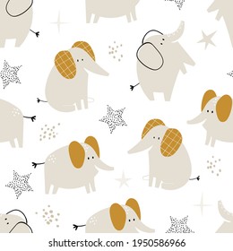 Vector hand-drawn colored childish seamless repeating simple flat pattern with cute elephants and stars in Scandinavian style on a white background. Cute baby animals. Pattern for kids.