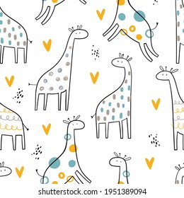 Vector de color infantil a mano sin fisuras repitiendo un simple patrón con tiernas y corazones adorables en un estilo escandinavo sobre un fondo blanco. Animales pequeños. Patrón para niños con jirafas.