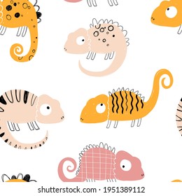 Vector hand-drawn colored childish seamless repeating simple flat pattern with chameleons in scandinavian style on a white background. Cute baby animals. Pattern for kids with chameleon. Lizard.