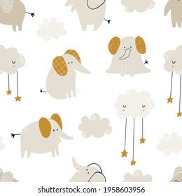 Vector hand-drawn colored childish seamless repeating simple flat pattern with cute elephants, clouds and stars in Scandinavian style on a white background. Cute baby animals. Pattern for kids.
