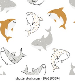 Vector hand-drawn colored childish seamless repeating simple doodle pattern with sharks in scandinavian style on a white background. Cute baby animals. Pattern for kids with sharks. Sea. Underwater.