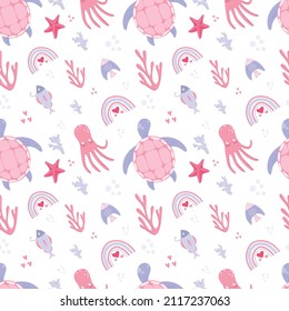 Vector hand-drawn colored childish seamless repeating simple flat pattern with turtles in flat style on a white background. Cute baby animals. Pattern for kids with turtles. Sea. Ocean.