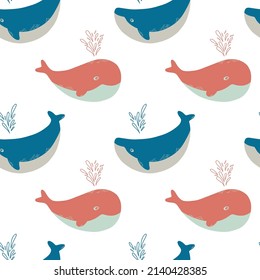 Vector hand-drawn colored childish seamless repeating simple flat pattern with whales in blue, pink, grey colors on a white background. Cute baby animals. Pattern for kids with whales.