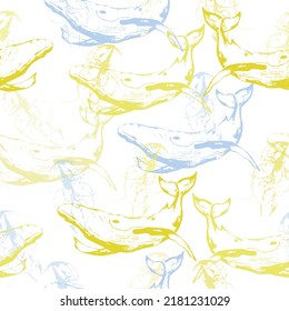 Vector hand-drawn colored childish seamless repeating simple flat pattern with whales and rainbow in scandinavian style on a white background. Shell aquarium background.