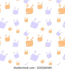 Vector hand-drawn colored childish seamless repeating simple flat pattern with whales and rainbow in scandinavian style on a white background. Cute baby animals. Pattern for kids with whales.
