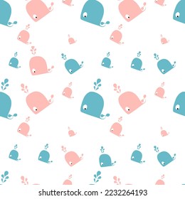 Vector hand-drawn colored childish seamless repeating simple flat pattern with whales and rainbow in scandinavian style on a white background. Cute baby animals. Pattern for kids with whales.
