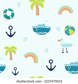 Vector hand-drawn colored childish seamless repeating simple flat pattern with whales in scandinavian style on a white background. Cute baby animals. Pattern for kids with whales. Sea. Ocean
