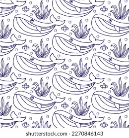 Vector hand-drawn colored childish seamless repeating simple flat pattern with whales in scandinavian style on a white background. Cute baby animals. Pattern for kids with whales. Sea. Ocean.