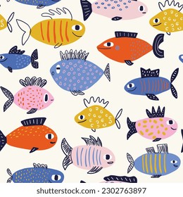 Vector hand-drawn colored childish seamless repeating simple flat pattern with fishes in scandinavian style on a white background. Cute baby animals. Pattern for kids with fish.