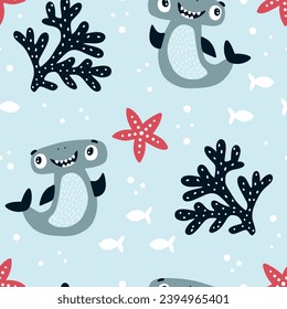 Vector hand-drawn colored childish seamless repeating simple flat pattern with hammerhead sharks. 