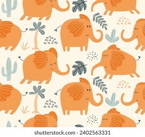 Vector de color infantil a mano sin fisuras repitiendo simple patrón plano con elefantes lindos 
