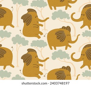 Vector de color infantil a mano sin fisuras repitiendo simple patrón plano con elefantes lindos 