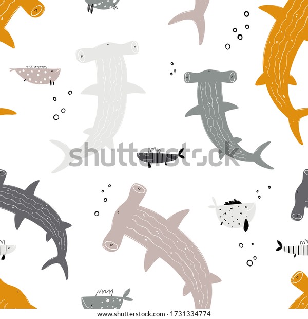 白い背景にスカンジナビア風のハンマーヘッドサメとシンプルな平らなパターンを繰り返すベクター手描きの子ども色のシームレスな模様 かわいい赤ちゃんの動物 ハマーヘッド サメを持つ子ども用の柄 のベクター画像素材 ロイヤリティフリー
