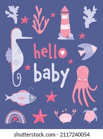 Vector hand-drawn colored childish  simple flat postcard with whale. Cute baby animals. Sea. Ocean.