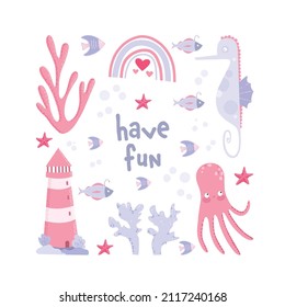 Vector hand-drawn colored childish  simple flat postcard with whales in scandinavian style. Cute baby animals. Pattern for kids with whales. Sea. Ocean.
