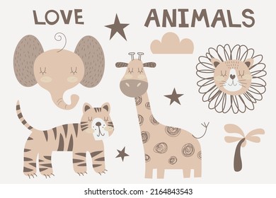 Vector hand-drawn colored children s simple set with cute african animals and plants in scandinavian style on a white background. Cartoon animals. EPS