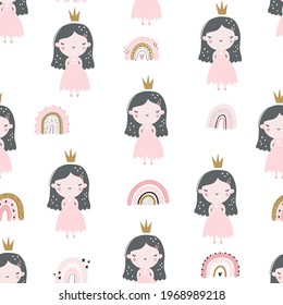 Vector hand-drawn colored children seamless repeating pattern with cute girls princesses in a dress with a crown on a white background. Creative kids texture for fabric, wrapping, textile, wallpaper.