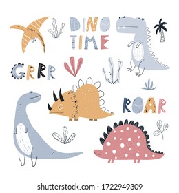 Vector hand-drawn colored children set with cute dinosaurs, plants, lettering and doodles in Scandinavian style on a white background. Kids set with dinosaurs. Cute baby animals. Reptile. Lizard.
