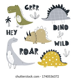 Vector hand-drawn colored children set with cute dinosaurs, plants, lettering and doodles in Scandinavian style on a white background. Kids set with dinosaurs. Cute baby animals. Reptile. Lizard.
