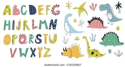 Vector hand-drawn colored children set with cute dinosaurs, plants, alphabet and doodles in Scandinavian style on a white background. Kids set with dinosaurs. Cute baby animals. Reptile. Lizard.
