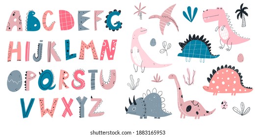 Vector hand-drawn colored children set with cute dinosaurs, plants, alphabet and doodles in Scandinavian style on a white background. Kids set with dinosaurs. Cute baby animals. Reptile. Lizard.
