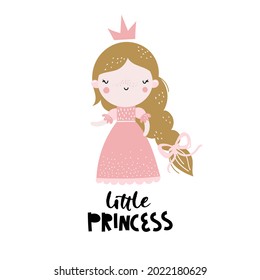 Vector hand-drawn colored childrens illustration with cute girl princess in a pink dress with a crown on a white background. Creative scandinavian kids print with lettering. Little princess.