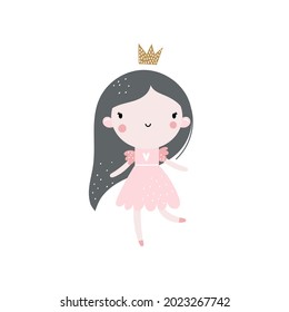 Vector hand-drawn colored childrens illustration with cute girl princess in a pink dress with a crown on a white background. Creative scandinavian kids print with cute girl. Little princess.