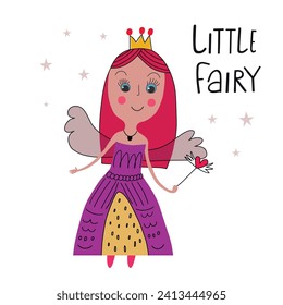 Vector hand-drawn colored childrens illustration with cute fairy  in a violet dress with a crown on a white background. Little fairy.