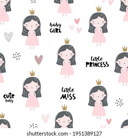 Vector hand-drawn colored childrens seamless repeating pattern with cute girls princesses in a dress with a crown on a white background. Creative kids texture for fabric, wrapping, textile, wallpaper.