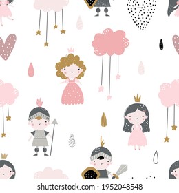 Vector hand-drawn colored childrens seamless repeating pattern with cute princess, hearts, knights and clouds on a white background. Creative kids texture for fabric, wrapping, textile, wallpaper.