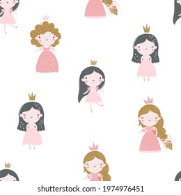 Vector hand-drawn colored childrens seamless repeating pattern with cute girls princesses in a dress with a crown on a white background. Creative kids texture for fabric, wrapping, textile, wallpaper.