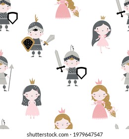 Vector hand-drawn colored childrens seamless repeating pattern with cute princess and knight on a white background. Creative kids texture for fabric, wrapping, textile, wallpaper.