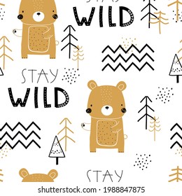 Vector hand-drawn colored childrens seamless repeating pattern with cute bears, trees, lettering on a white background. Creative kids forest texture for fabric, wrapping, textile, wallpaper, apparel.