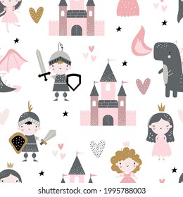 Vector hand-drawn colored childrens seamless repeating pattern with cute princess, dragon, castle, knight on a white background. Creative kids texture for fabric, wrapping, textile, wallpaper.
